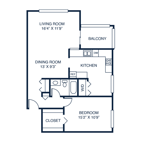 Floor plan for 1 bed, 1 bath, 979 sqft